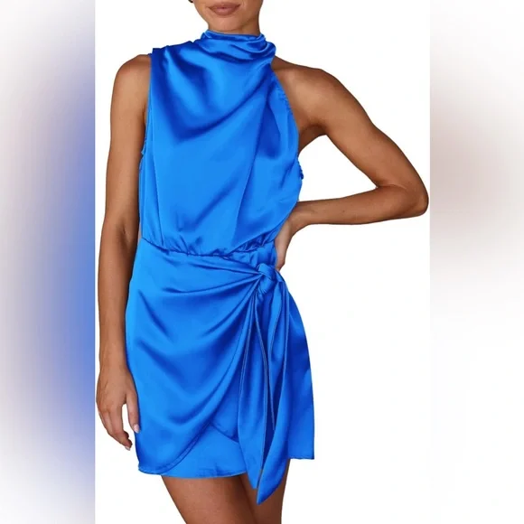 PRETTYGARDEN Formal Satin Dress Sleeveless Mock Neck Tie Waist - size XL - Picture 2 of 11